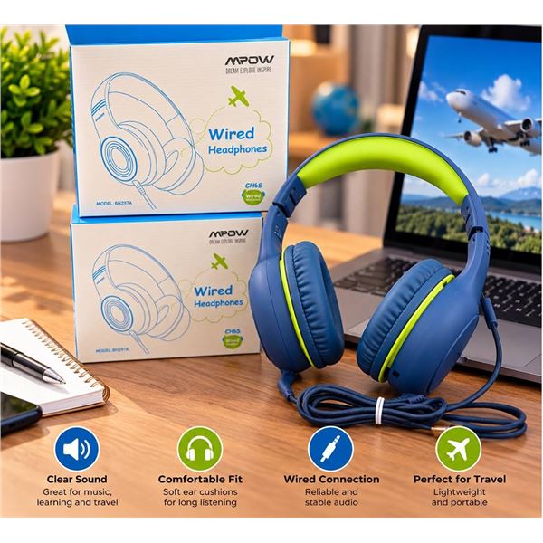 2 pair Mpow CH6S Wired Headphones with Mic Blue Green