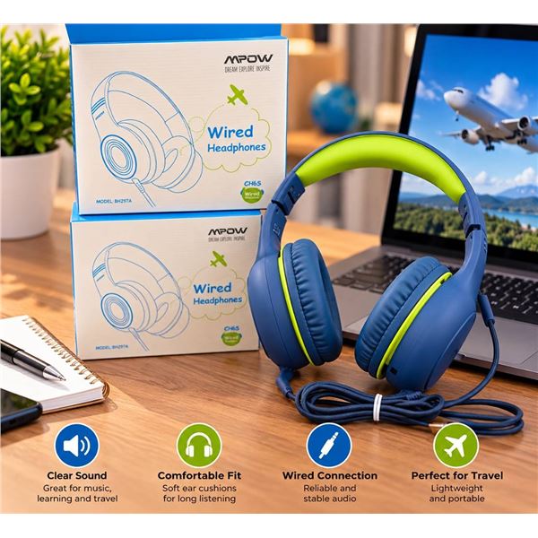 2 pair Mpow CH6S Wired Headphones with Mic Blue Green