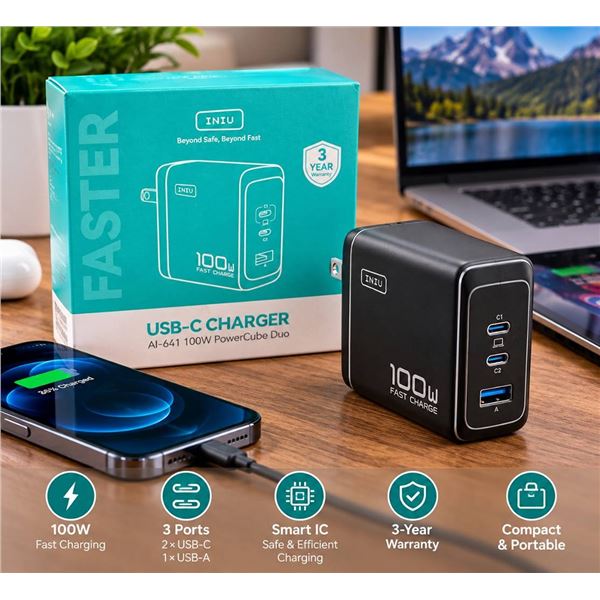 INIU 3-Port 100W USB-C Charger White