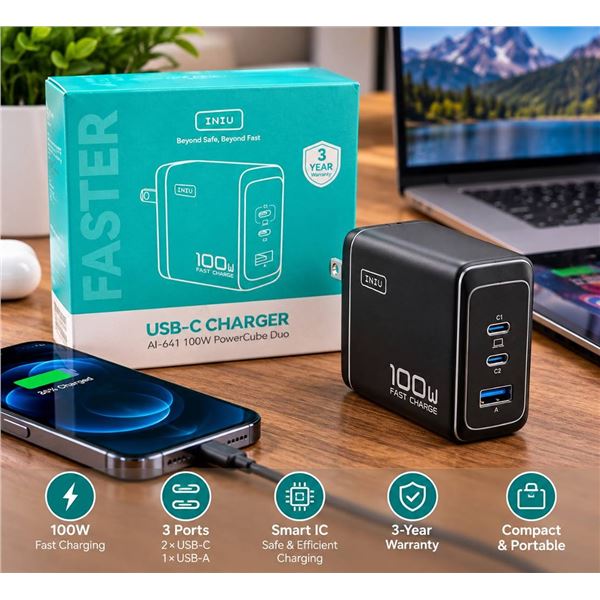 INIU 3-Port 100W USB-C Charger White