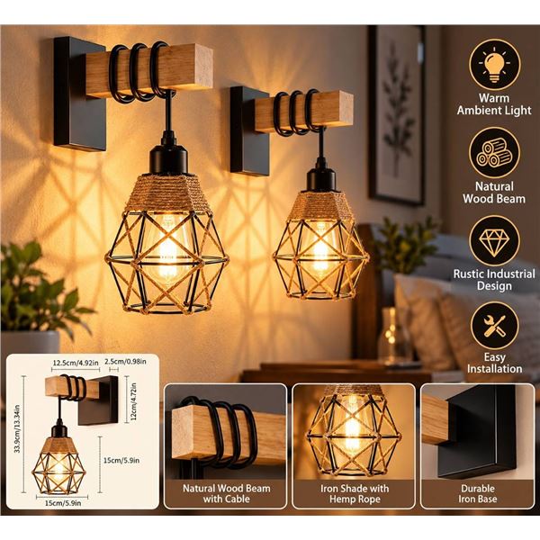Wood Wall Sconce Light With Twine Shade - 2 pack