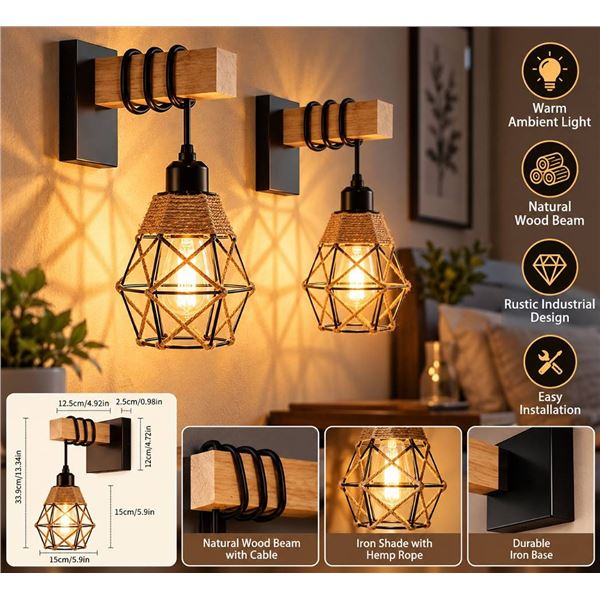 Wood Wall Sconce Light With Twine Shade - 2 Pack