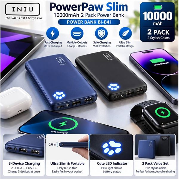 INIU PowerPaw Slim 10000mAh Power Bank 2 Pack