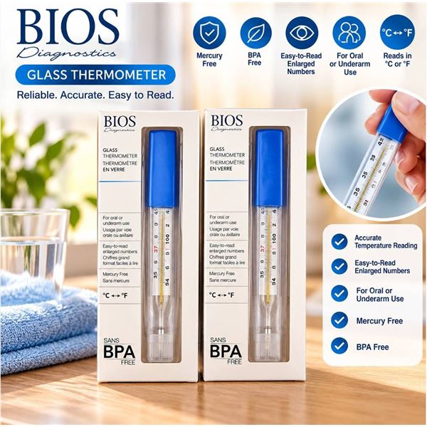 BIOS Glass Thermometers Sans BPA 2 Pack