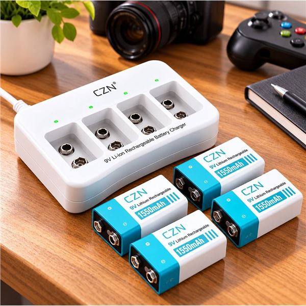 CZVV 9V 4-Slot Charger and 4 Batteries Set