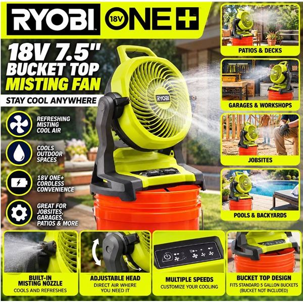Ryobi 18V 7.5" Bucket Top Misting Fan Tool Only