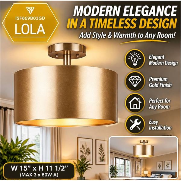 Lola Semi-Flush Light Fixture, 15in, 3x60W