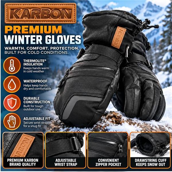 Karbon Leather Ski Mittens Medium Black