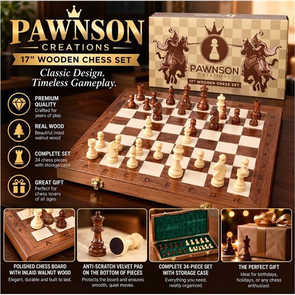 Pawnson 17" Wooden Chess Set Folding New