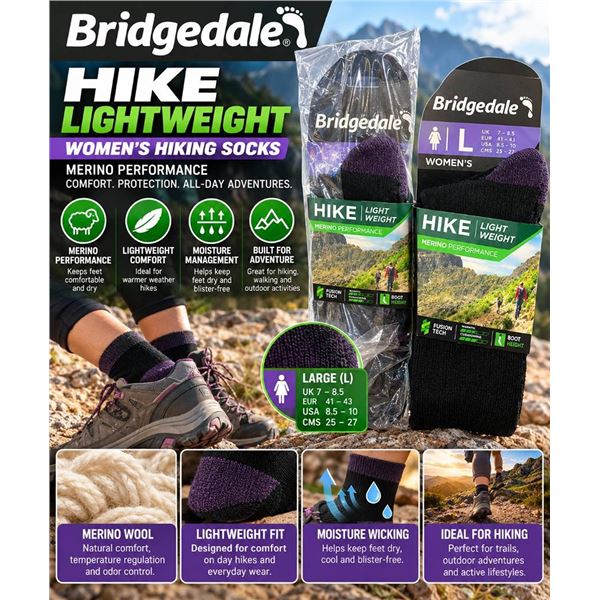 Lot of 2 - Bridgedale Women's Hike Lightweight Socks L