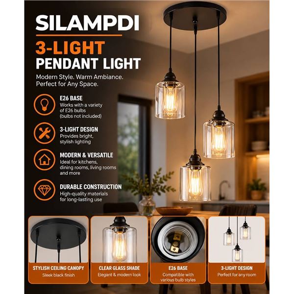 SILAMPDI 3-Light Pendant Light, E26 Base