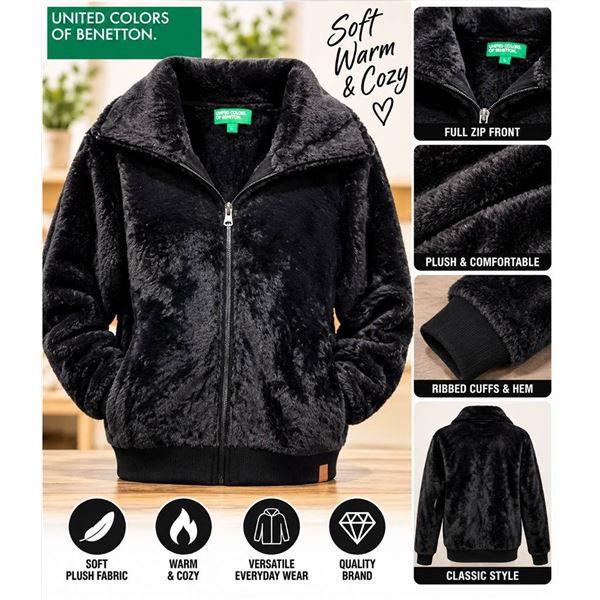 Benetton Faux Fur Zip Jacket Black S/P