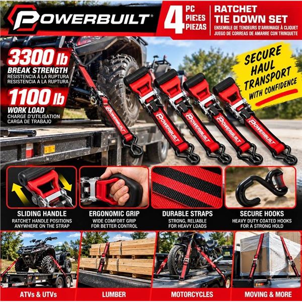 Powerbuilt 4pc Ratchet Tie Down Set 16ft
