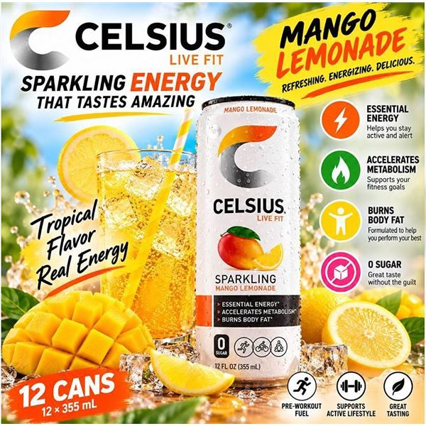 Celsius Sparkling Mango Lemonade 12 x 355ml