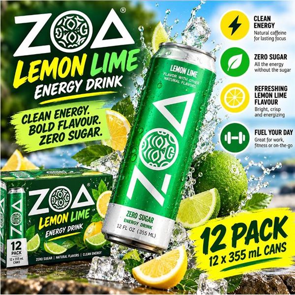 Zoa Lemon Lime Energy Drink 12x355ml Cans