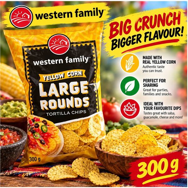 Western Family Yellow Corn Large Rounds Chips 300g x 12