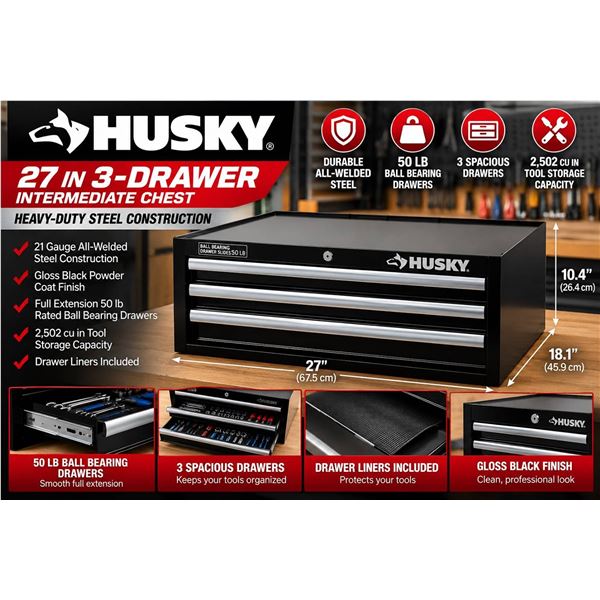 Husky 3-Drawer Chest, Gloss Black, 27 in Steel