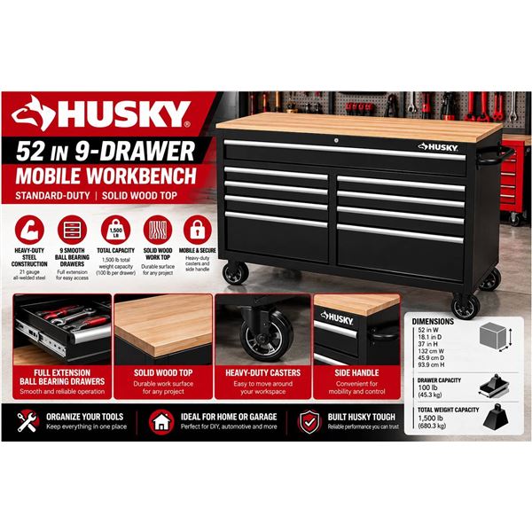 Husky 52" 9-Drawer Mobile Workbench w/ Wood Top
