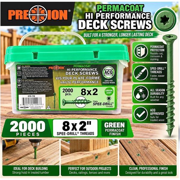 Precision 8x2 Green Deck Screws, 2000 Pcs
