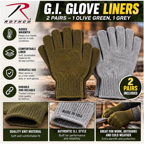Rothco G.I. Glove Liners, 2 Pairs, One Olive Green, 1 Grey