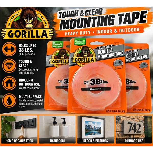 Lot of 3 Gorilla Mounting Tape 1x60in Clear
