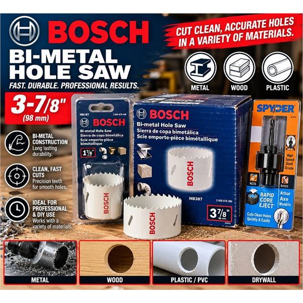 Lot of Bosch 2 Hole Saws & Spyder Pilot Drill Arbor