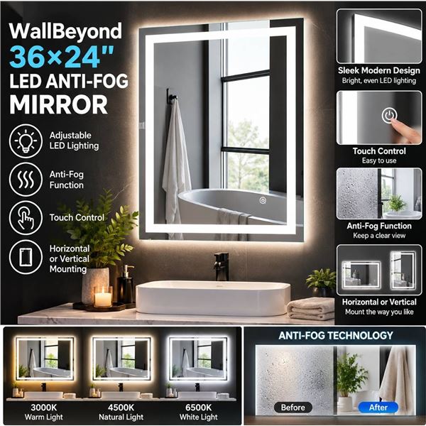 WallBeyond 36x24" LED Anti-Fog Mirror