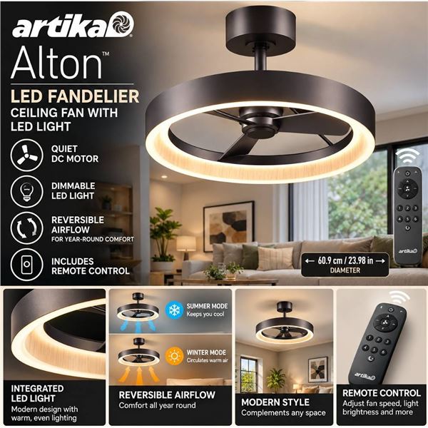 Artika Alton LED Ceiling Fan 60.9cm Black
