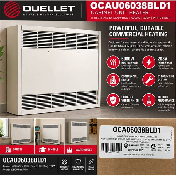 Ouellet OCAU06038BLD1 Cabinet Unit Heater Three Phase D1 Mounting, Wattage 6000W, Voltage 208V, Whit