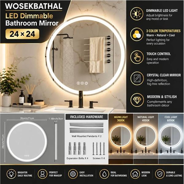 WOSEKBATHAL LED Dimmable Bathroom Mirror 24x24