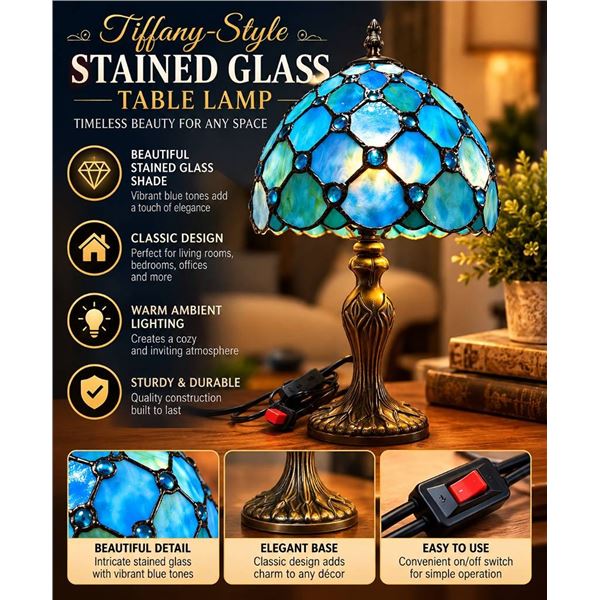 Blue Stained Glass Accent Lamp, 14 Inch