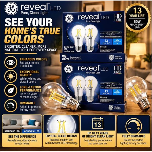 GE Reveal LED A19 60W Bulbs Lot of 12 Boxes