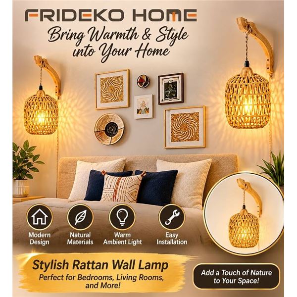 Frideko Home Rattan Wall Lamps, Set of 2