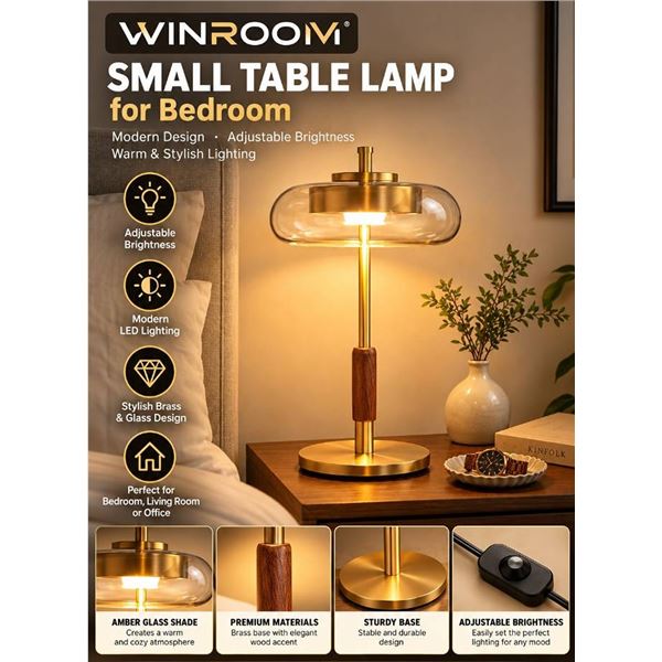 Brass Mushroom LED Table Lamp, 15.4in, Amber Glass