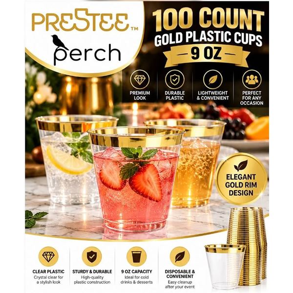 Prestee Gold Plastic Cups 9oz 12 Packs Of 100