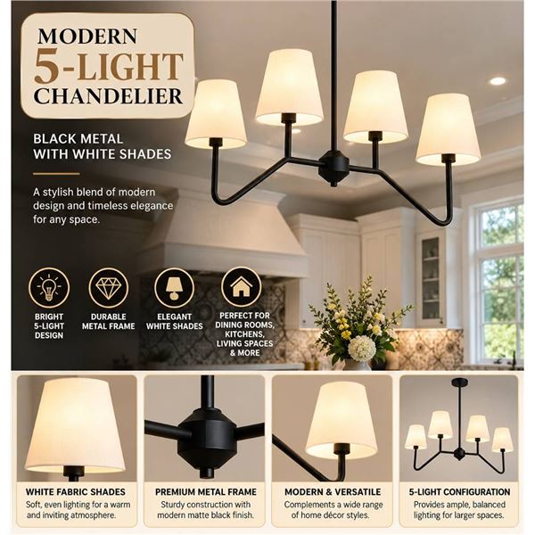 Modern 5-Light Chandelier Black Metal White Shades