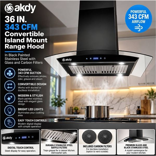 AKDY 36 in. 343 CFM island Mount Range Hood in Black