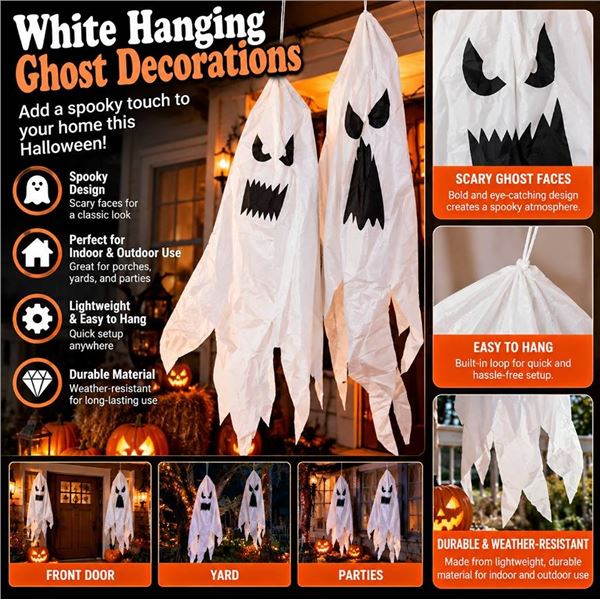 LOT OF 2 - White Hanging Ghost Decorations