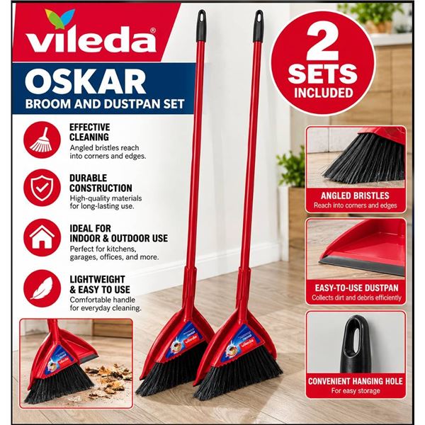 Lot of 2 Vileda Oskar Broom and Dustpan Sets