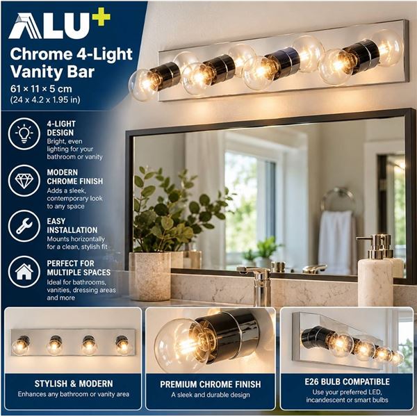 VALU+ Chrome 4-Light Vanity Bar 61x11x5cm
