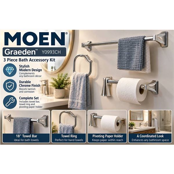Moen Graeden 3 Pc Bath Accessory Kit Chrome