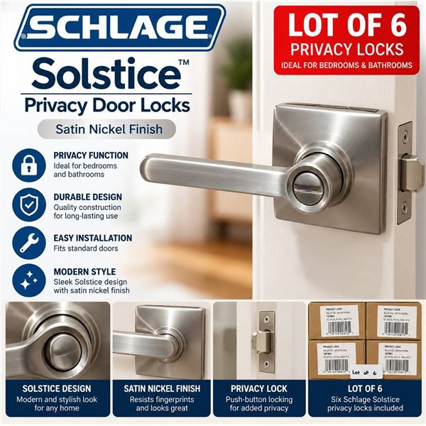 LOT OF 6 Schlage Solstice Satin Nickel Privacy Locks