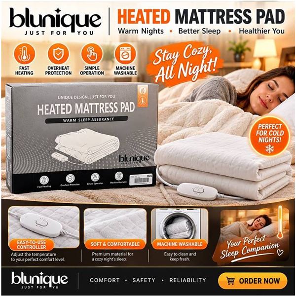 Blunique Heated Queen Mattress Pad 60"x80" Grey
