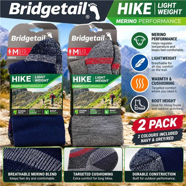 2 Pairs Bridgedale Hike Merino Crew Socks