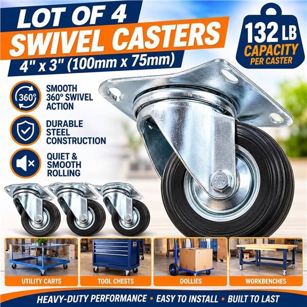 4 Swivel Casters 4x3in 132lb Capacity
