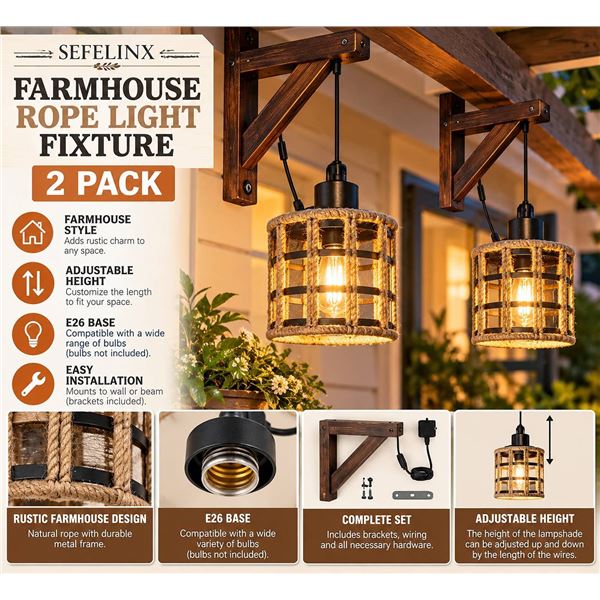 SEFELINX Farmhouse Rope Light Fixture 2 Pack