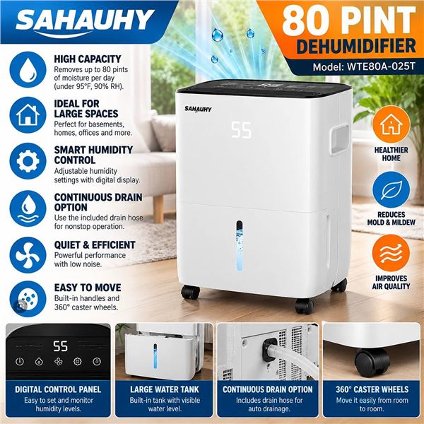 SAHAUHY WTE80A-025T 80 Pint Dehumidifier