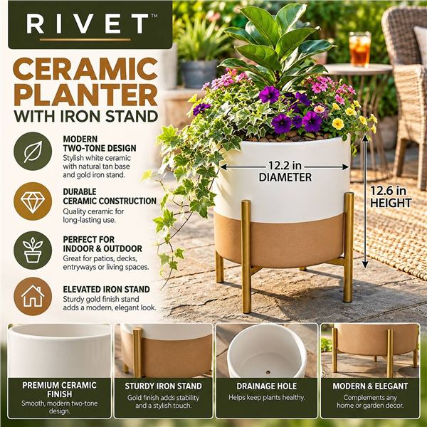 Rivet Planter White Tan Ceramic With Iron Stand