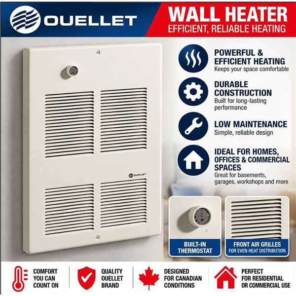 OAC02000BL-T OUELLET WALL FAN HEATER 2000W 240V 1PH WHITE W/ THERMOSTAT 1P COMMERCIAL