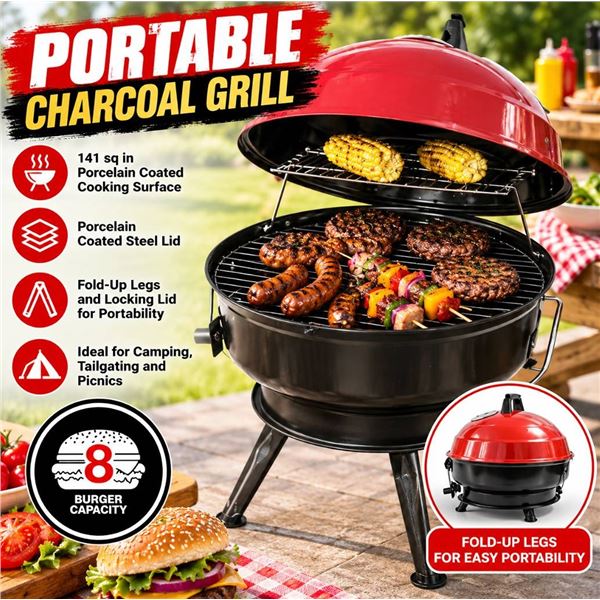 Portable Charcoal Grill Red Steel 8 Burger apacity